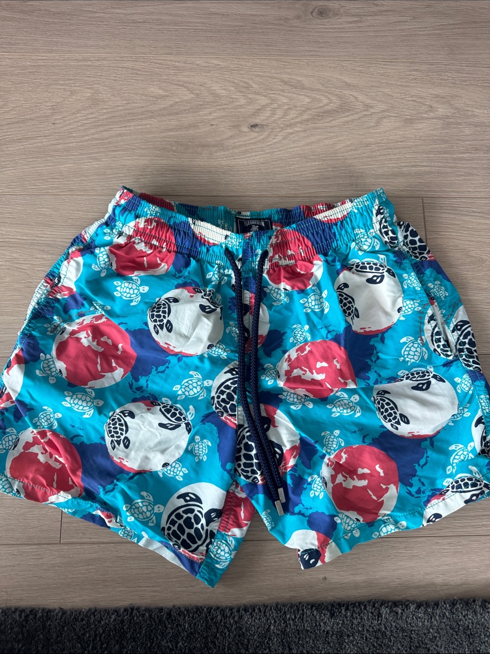 Vilebrequin Turquoise Swim Shorts with Pink & Navy Turtle Print